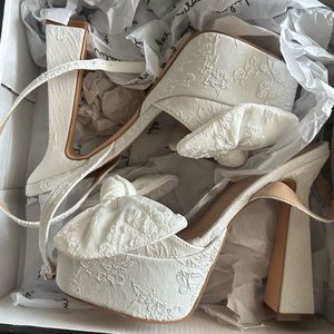 Lulu’s White Floral Jacquard Bow Platform Ankle Strap Heels